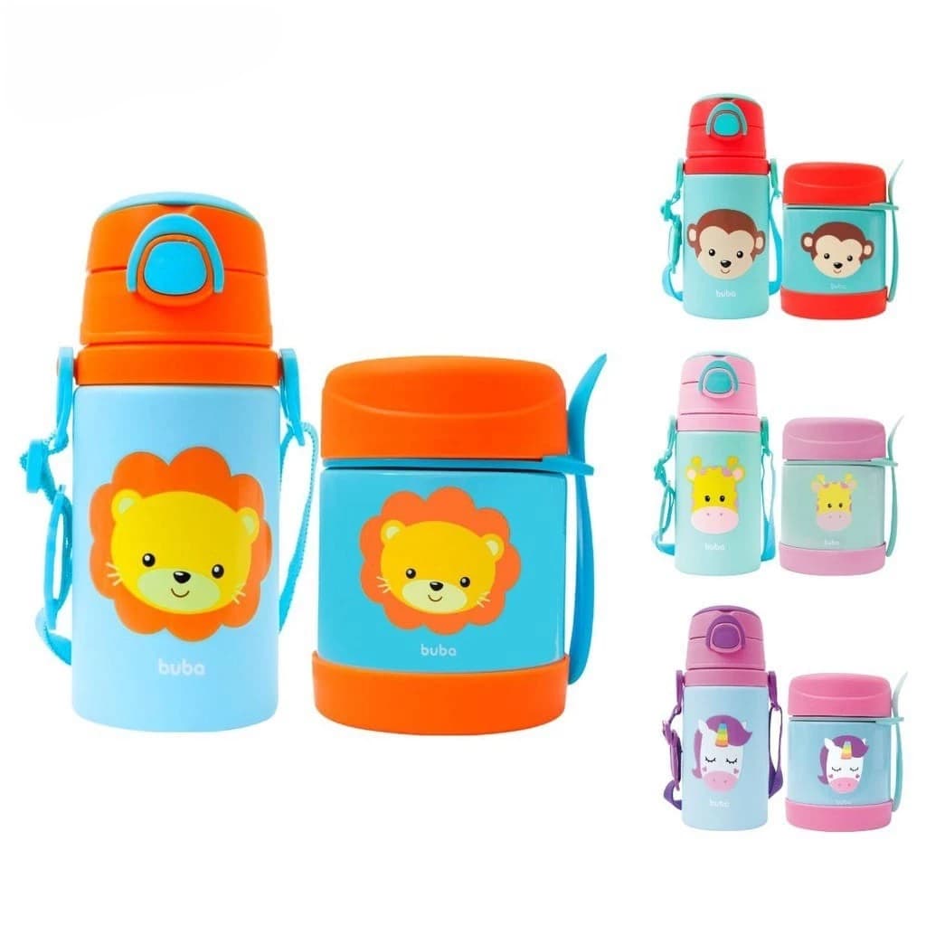 Pote Térmico 320Ml e Garrafa termica Animal fun Inox Buba Girafa | Leão | Unicórnio | Macaco