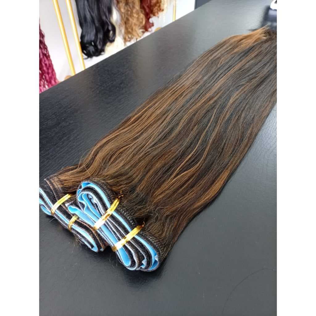 Aplique de Cabelo na Fita Adesiva Semi Humano Russo Liso 70cm Morena Iluminada Fibra Russa