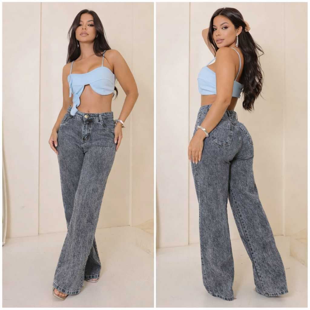 Calça Jeans Wide Leg Feminina Cintura Alta Soltinha Confortável