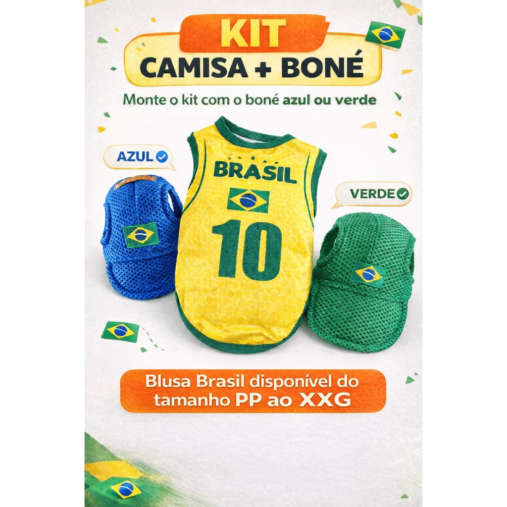 KIT ROUPA PET BRASIL+ BONE - Brasil Copa do Mundo 2026 para Cães e Gatos tecido Dry Fit para pet porte pequeno egrande