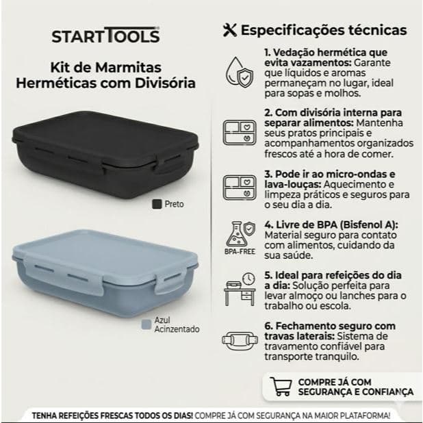 Marmita Hermética Plástica Divisória Refeição Portátil Organizador Alimentos