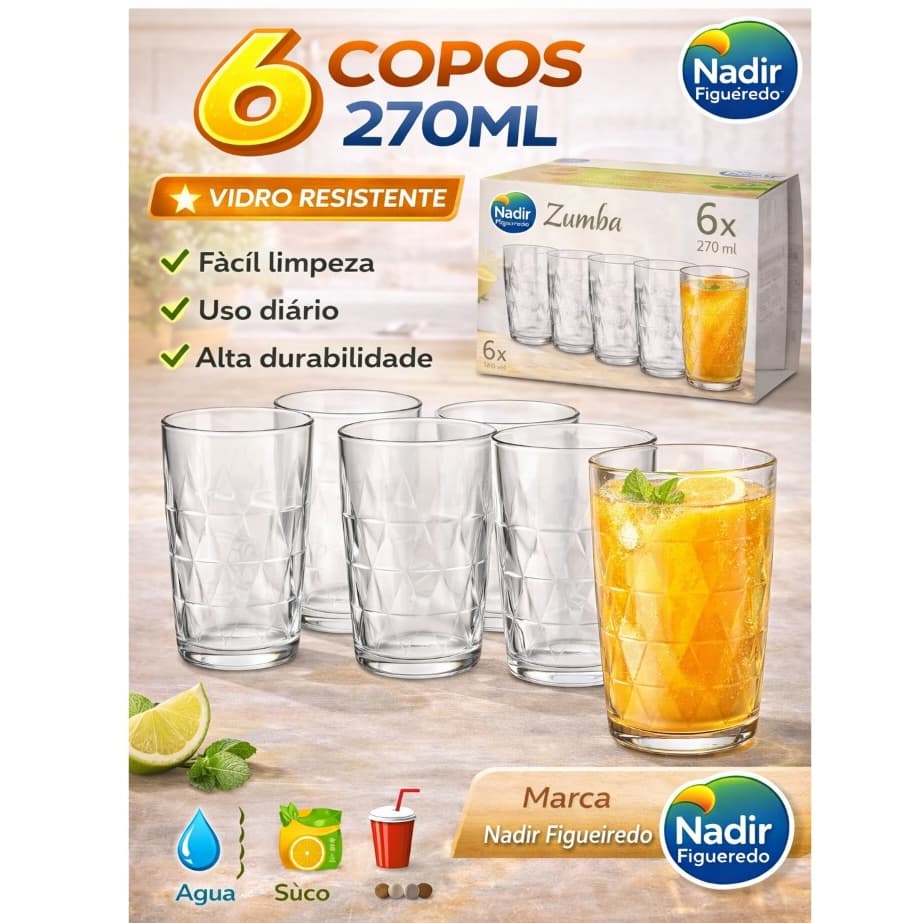 Jogo 6 Copos Zumba 270ml Nadir Figueiredo | Copos de Vidro Resistentes | Água Suco Refrigerante