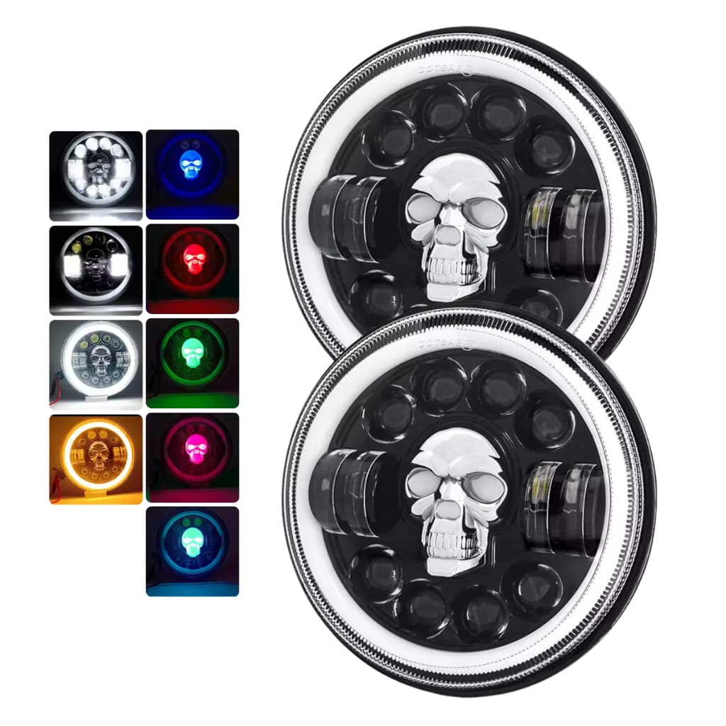 Kit De Farol 7 Polegadas Angel Eyes Caveira RGB 36W H4 12V/24V Universal Moto Jeep