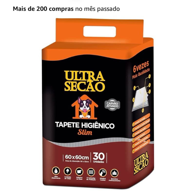 Tapete Higiênico ULTRA SECÃO Carvão Ativado 60x60cm e 80x60cm para Cães 30 Unid. Anti Odor Adesivo