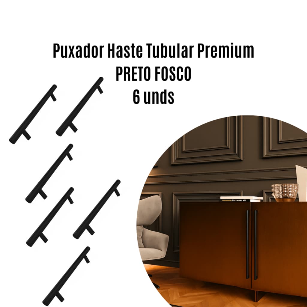 Puxador Haste Tubular Premium - Modelo: IL814 cor PRETO FOSCO 6 unidades italy line Vários TAMANHOS