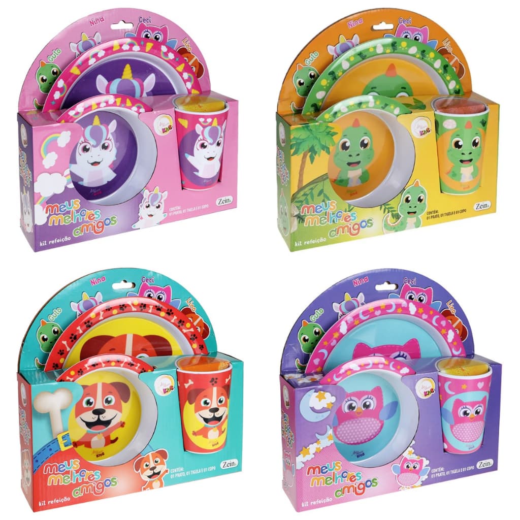 Kit Refeição Infantil Prato Bowl, Pratinho, Copo, Prato Com Divisória e Talher Melhores Amigos