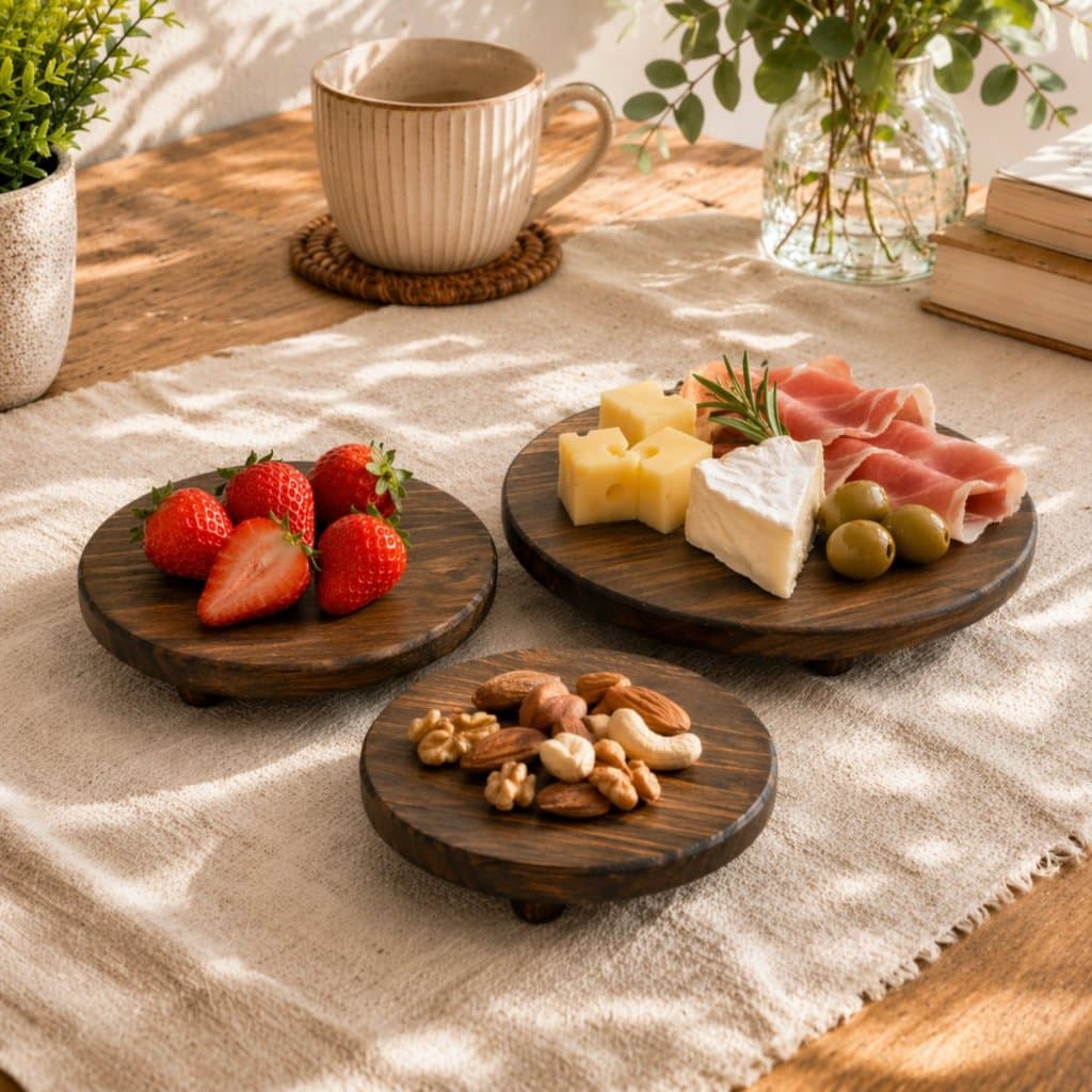 Kit 3 Bandeja Madeira com Pé Mesa Posta Boleira Doces Frios Decorativa