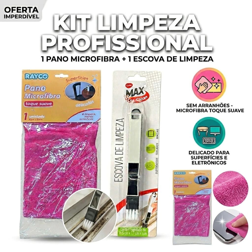 Kit Limpeza Profissional Pano Microfibra + Escova Multiuso Limpeza Detalhada