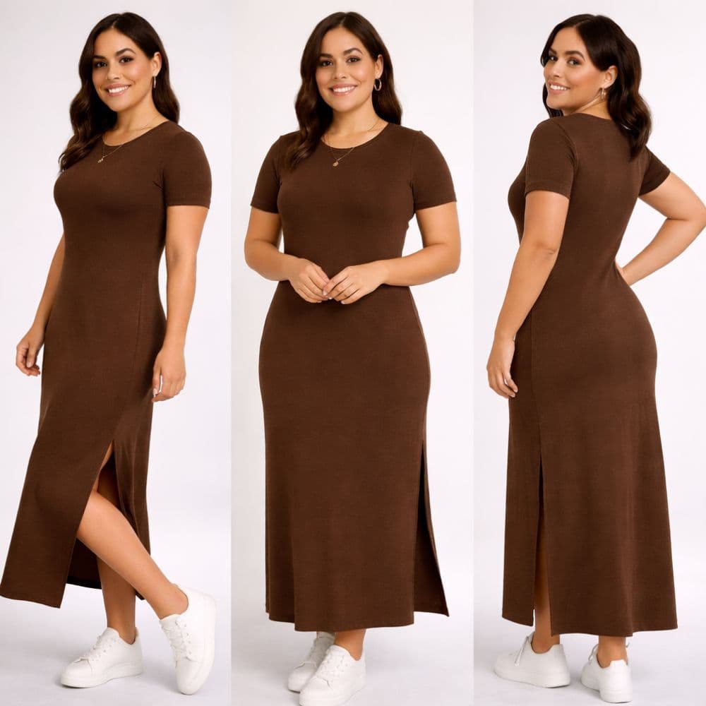 Vestido Longo Feminino Manga Curta Básico Casual em Viscolycra com Fenda Lateral Leve Confortável Moda Verão