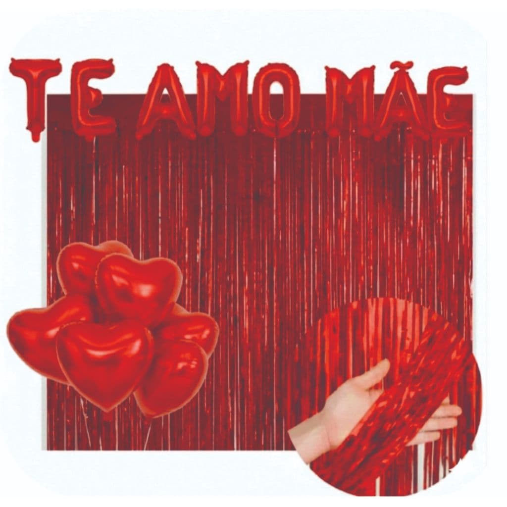 Kit balão metalizados Decoração DIA DAS MÃES 2 Cortinas 5 Balões Coração Balões TE AMO MAE