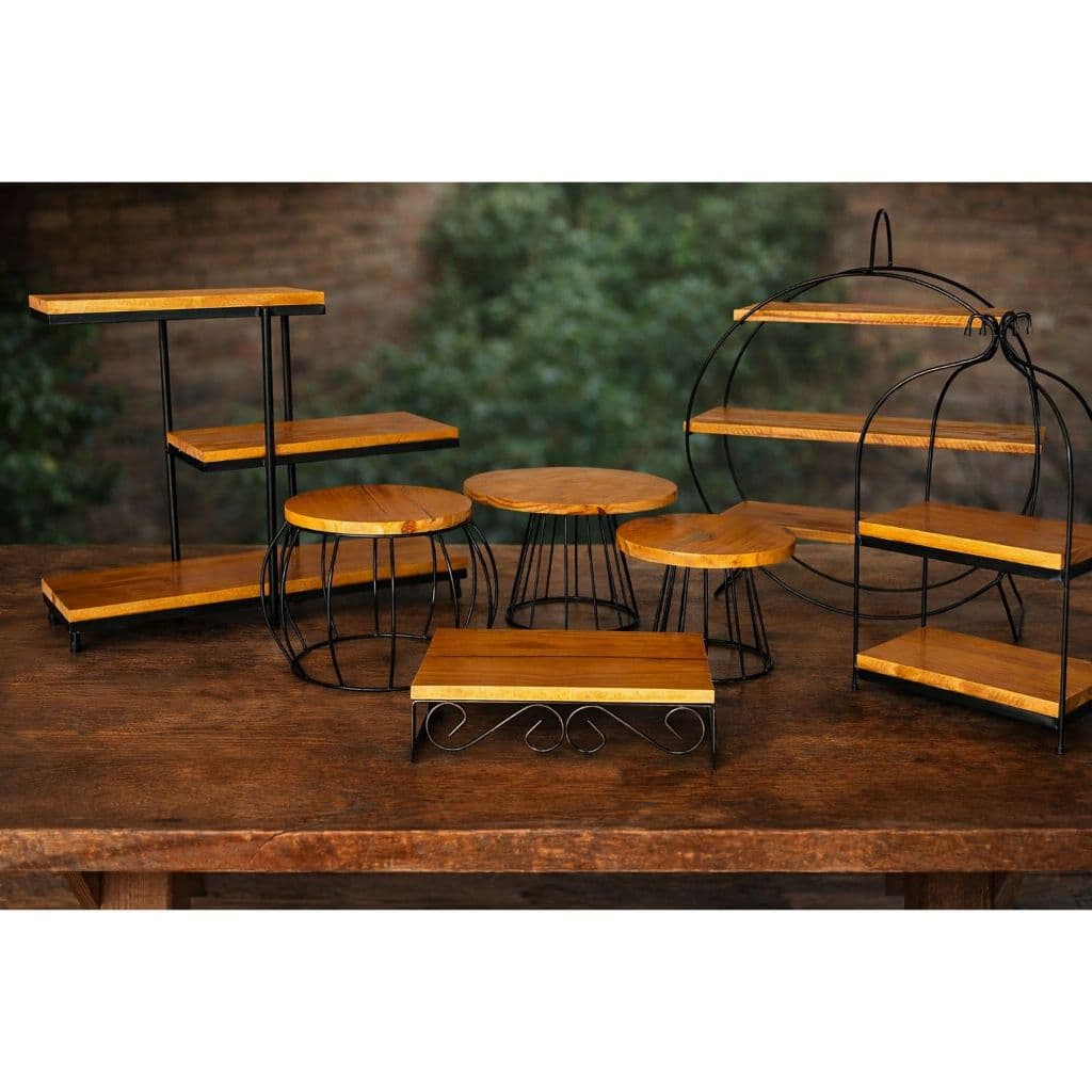 Kit 7 Suportes Para Doces e Salgados Mesa Buffet Madeira Verniz e Ferro Decorativo