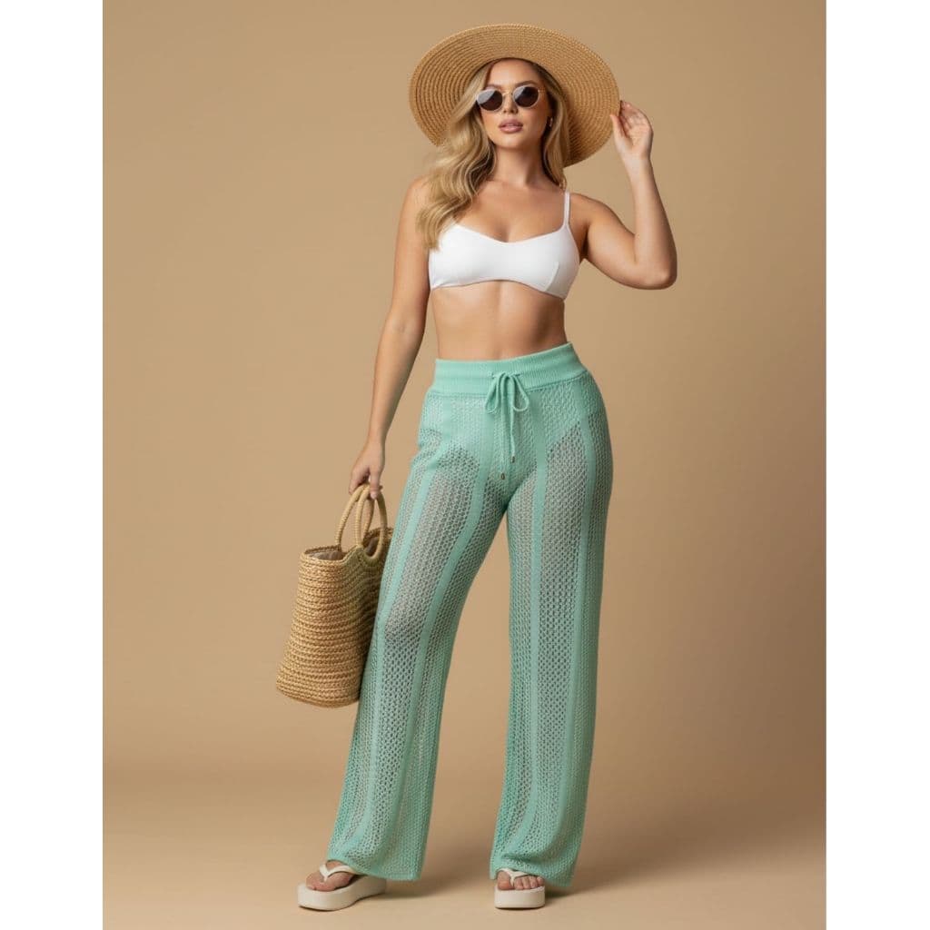 Calça Praia Feminina Tricô Premium Pantalona Vazada Saída Praia Moda Verão Cintura Alta Piscina