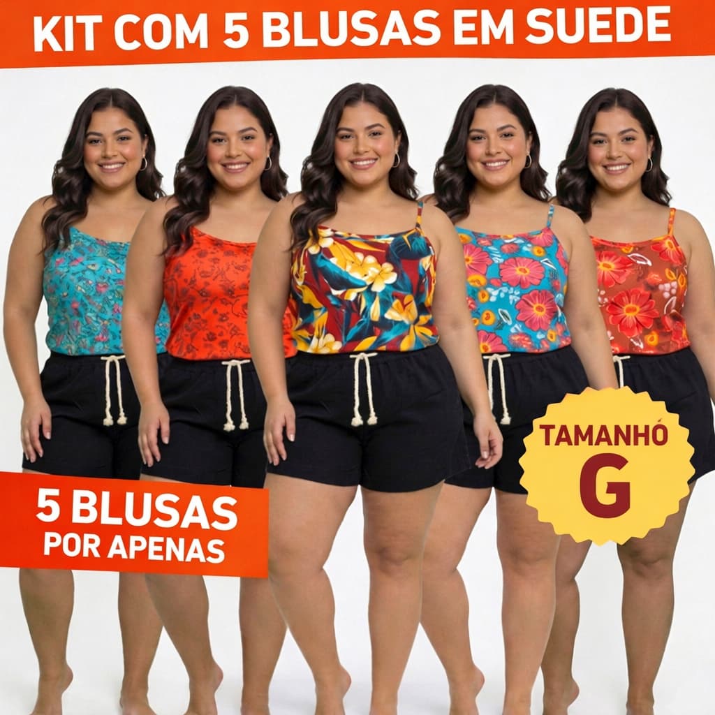 Kit 5 Blusas Femininas de Alcinha Estampadas Suede Tam G (42/44/46) Conforto Premium