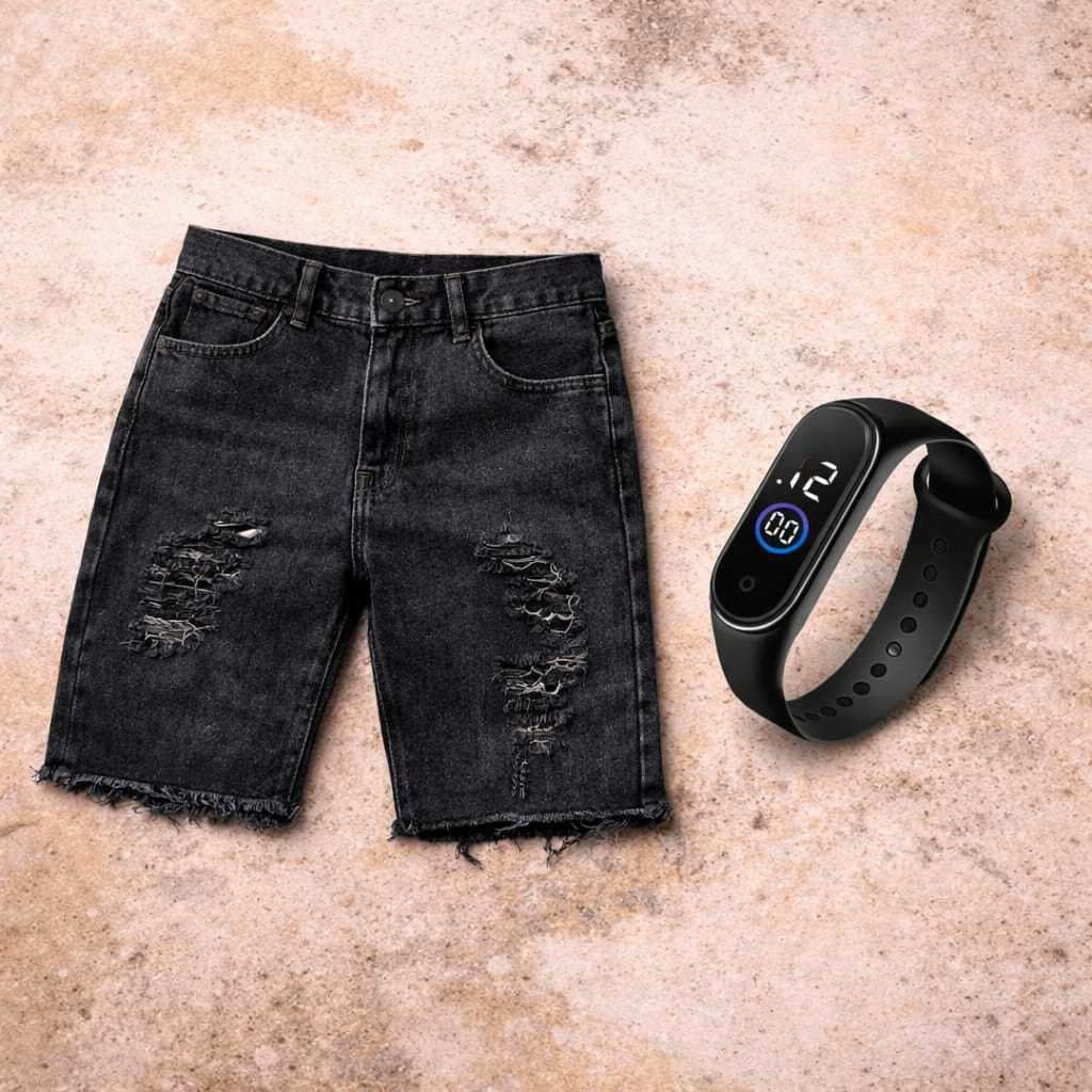 Shorts Jeans Grafite Lançamento  2026 Modelo Jogador + Relógio Masculino A Prova D água