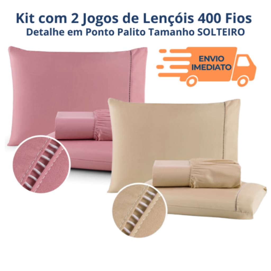 Kit 2 Jogos Lençol Solteiro Micropercal 400 Fios Elástico Total + Fronha Ponto Palito Luxo