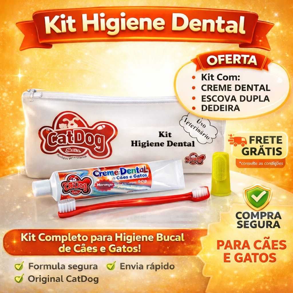 Kit Dental Pet 3 Peças: Pasta de dente, Escova Dupla e Dedeira Cat Dog - ACOMPANHA ESTOJO