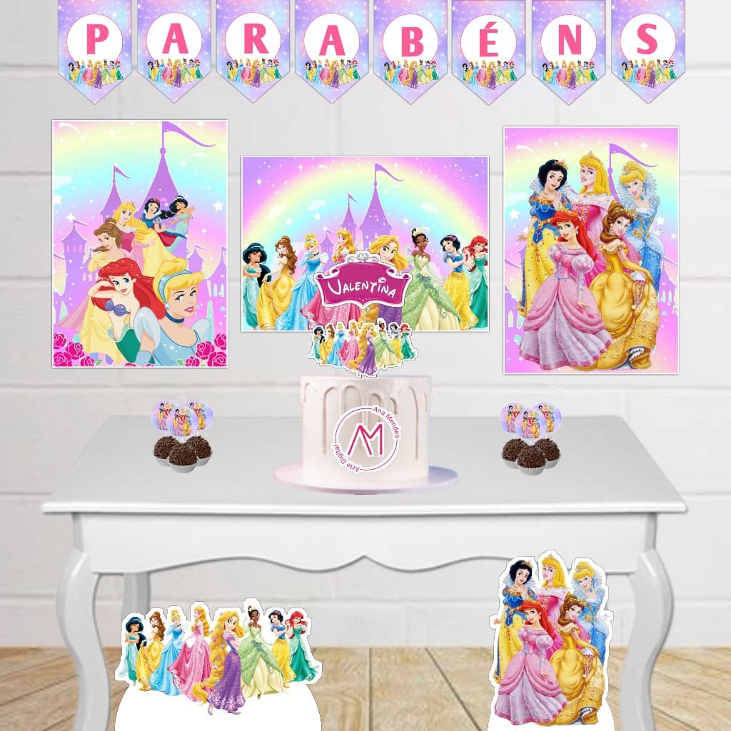 Kit Festa Infantil Princesas Fácil Decoração Com Painel Display Toppers Topo de Bolo Só um bolinho