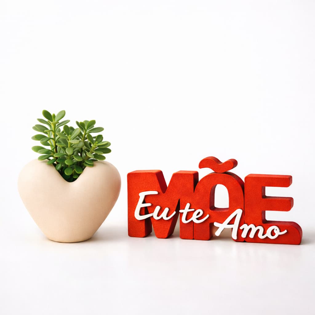 Placa Letreiro KIT Mãe Eu Te Amo + Vaso Coração, Decoração, Amor, Presente, Decorativo, Feliz Dia