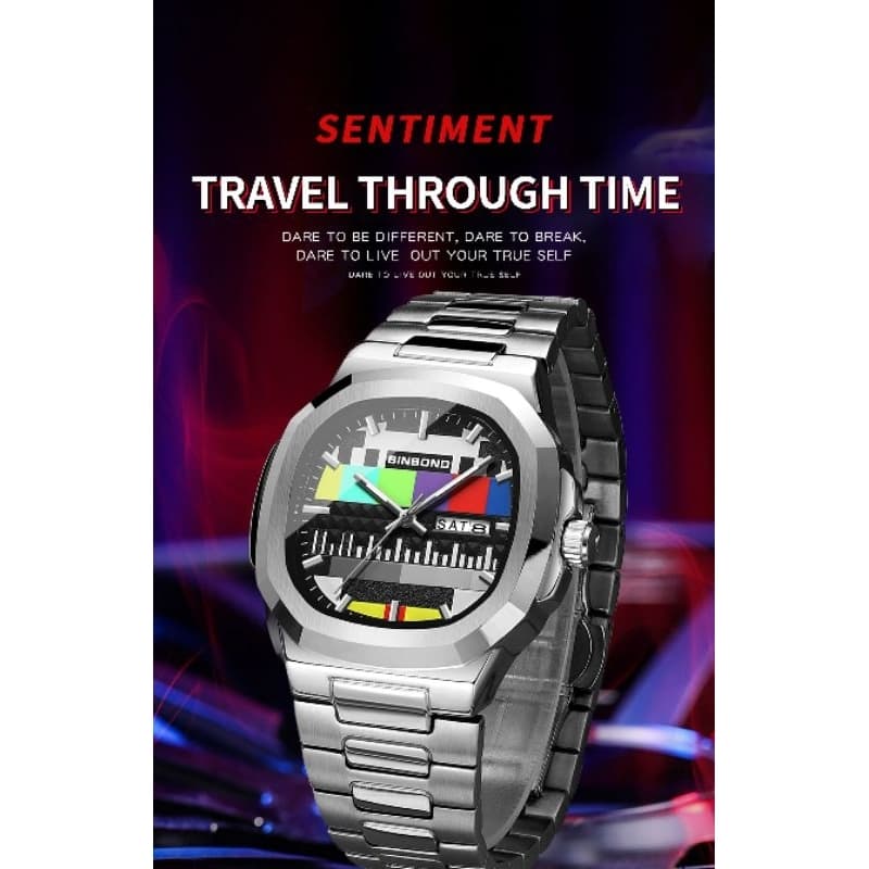 Relógio de Quartzo  Masculino BINBOND  Design de Mostrador, Calendário, à Prova d'Água, Pulseira de Aço, dos Anos 80