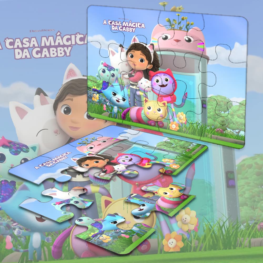 kit 15 Quebra Cabeça 12 Peças Jogo Pedagógico Infantil Lúdico Educativo Tema - A CASA MAGICA DA GABY