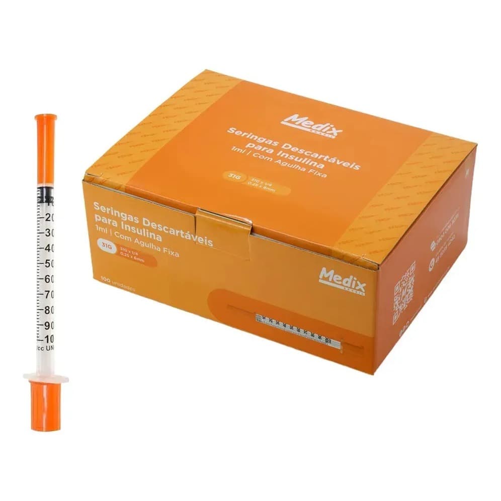 Seringa Insulina zero resíduo 1ml ou 100 UI Ultra Fina 0,25 X 6 Medix Agulha Fixa. Pacote com 10 UNID
