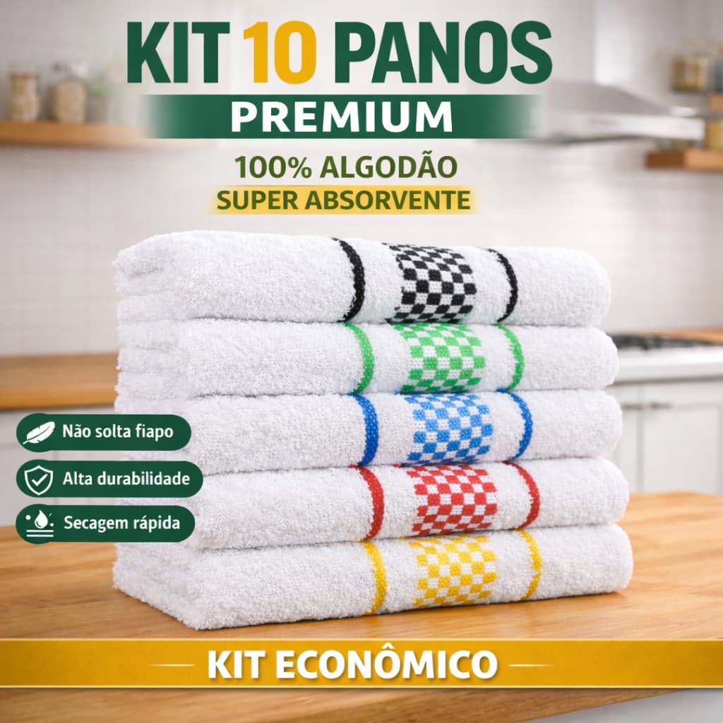 Kit 10 Panos de Prato 100% Algodão Premium Grossos Super Absorventes Não Solta Fiapo 45x70