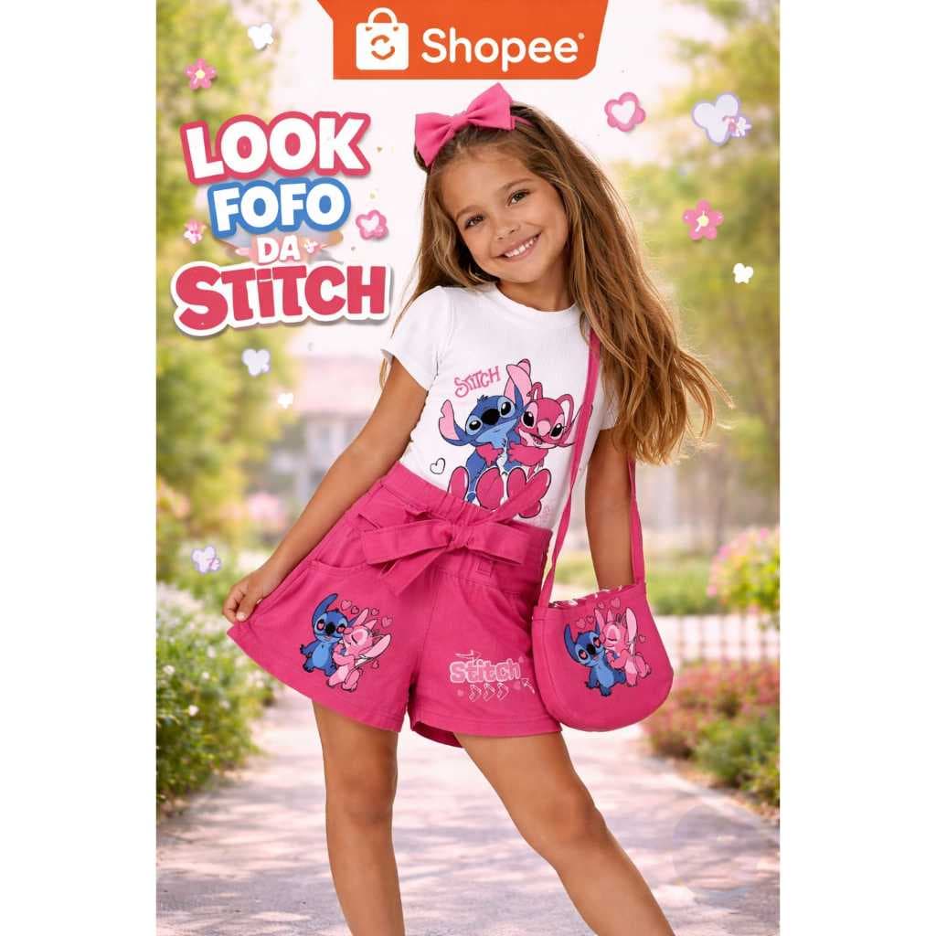 Conjunto Infantil 3 Peças Menina Short Blusa Bolsa Roupa Infantil Blogueirinha Look Completo Tendência 2026