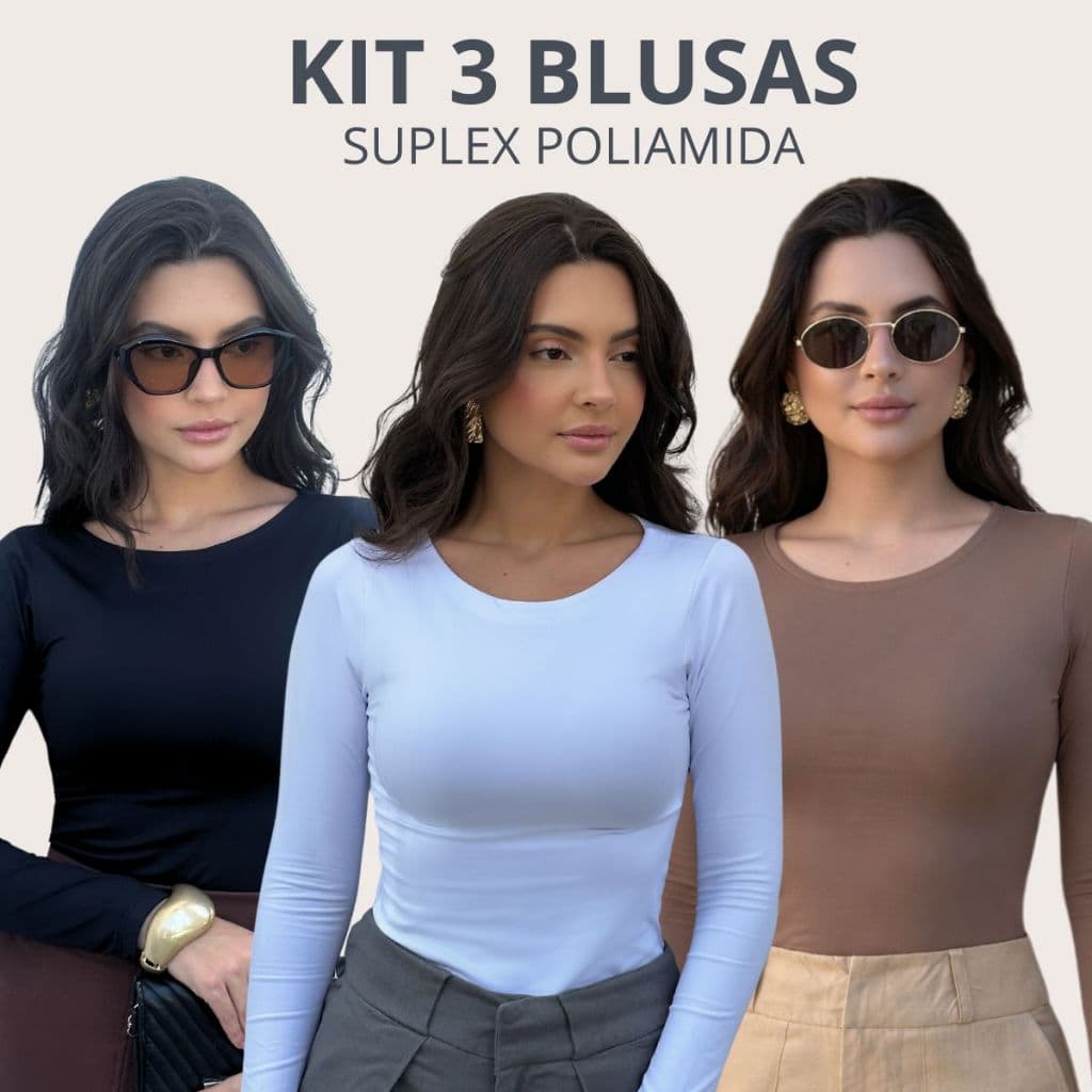 Kit 3 Blusa Manga Longa Feminina Gola Redonda Inverno Trabalho Noite