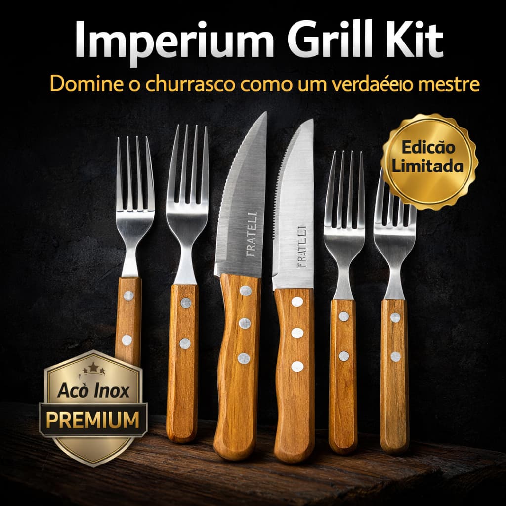 Imperium Grill Kit 6 Peças Aço Inox com Cabo de Madeira – Conjunto Talheres para Churrasco Profissional BBQ Premium