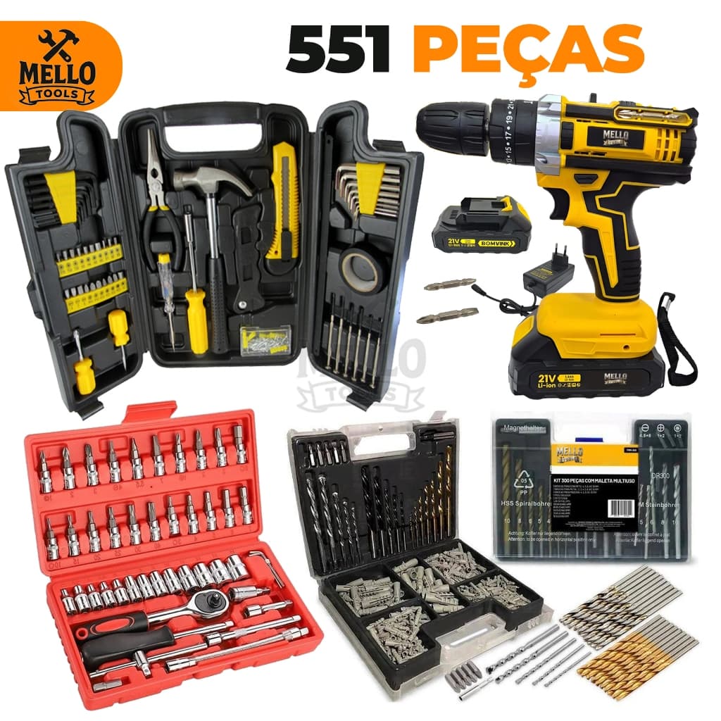Kit Ferramentas 551 Peças + Parafusadeira 21V Sem Fio Completa + Jogo de Brocas Bits Soquetes 46 Peças Profissional