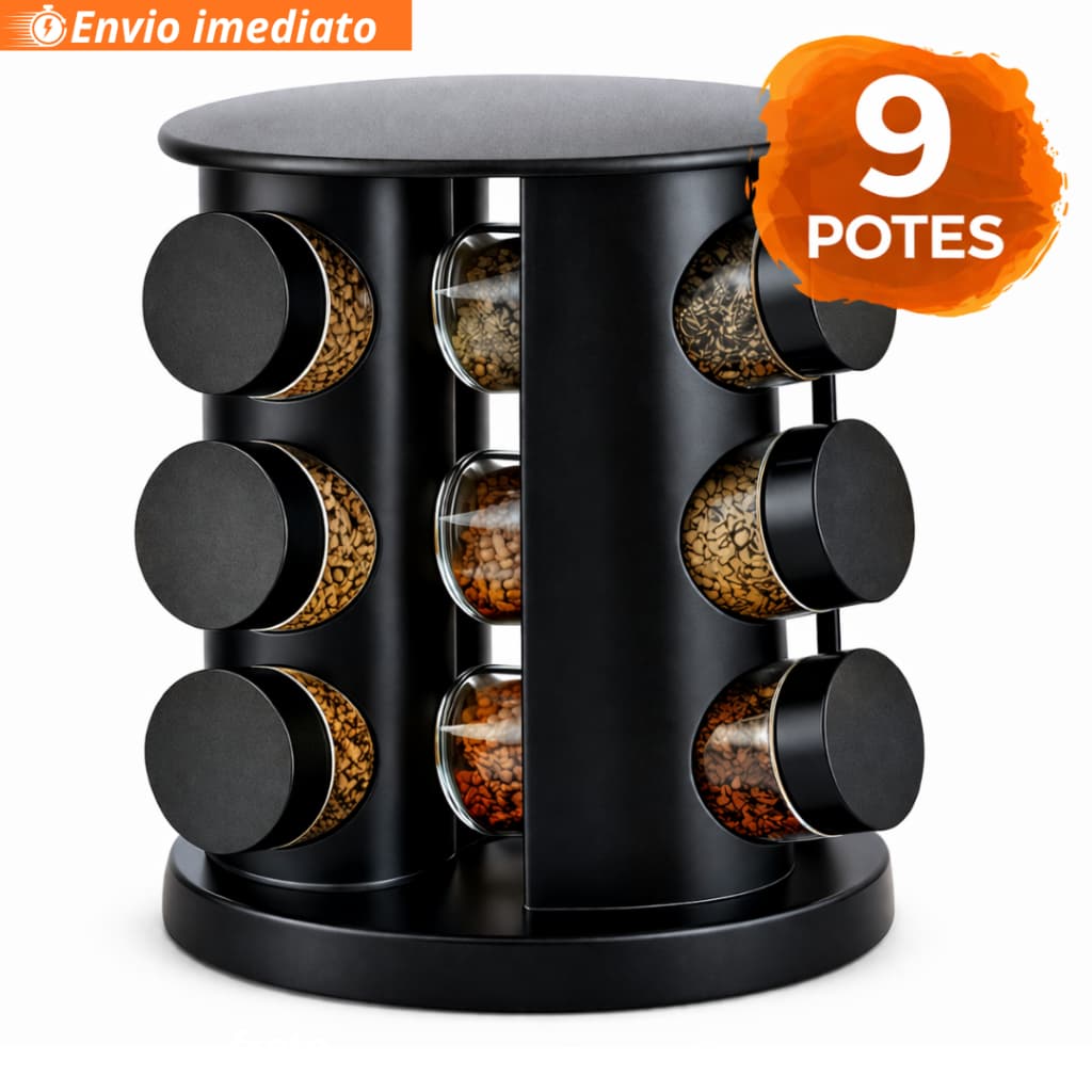 Porta Temperos Profissional Giratorio 9/6 Potes de Vidro Reforçado com Tampa Dosadora