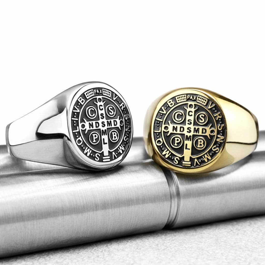 Anel Sao Bento Masculino Dourado Prata Aço 316L Dedeira
