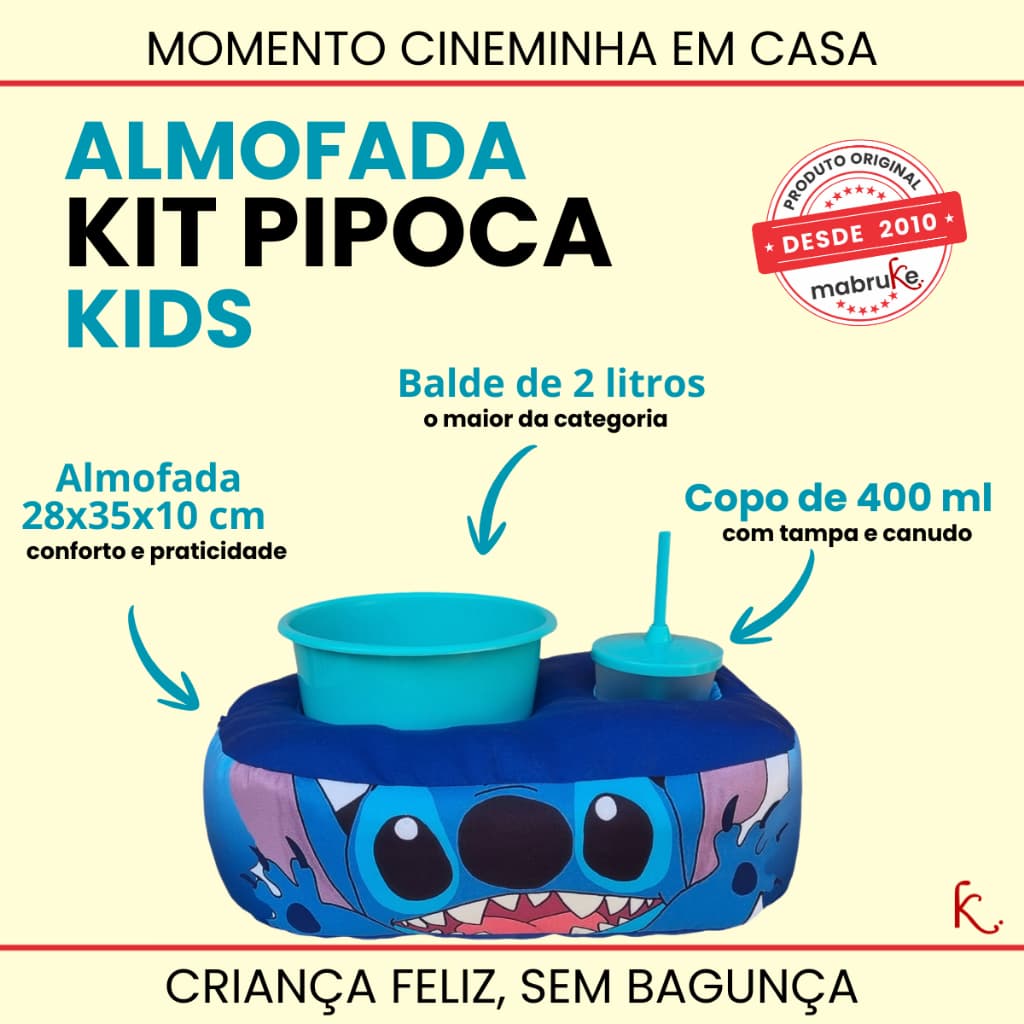 Kit Pipoca Infantil STITCH 🍿 Presente Criativo | Almofada Porta Balde e Copo Para Sofá