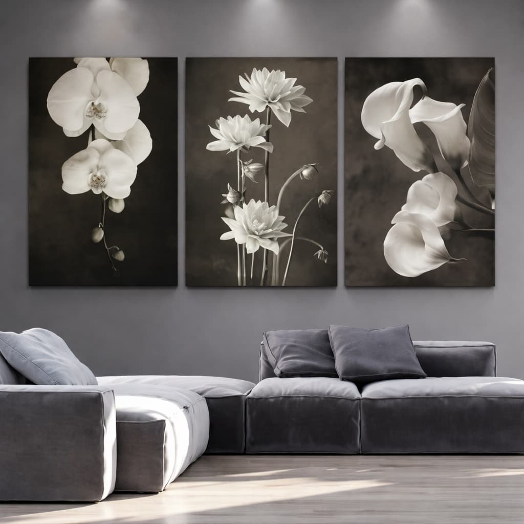 Kit 3 Quadros Decorativos de Parede Orquídeas Brancas Flores Abstrato Moderno Sala Quarto
