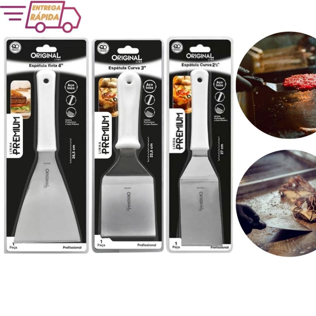 Kit 3 Espátulas Reta 4" Curva 2,5" e 3" em Aço Inox Premium Pizza Chapa Hambúrguer Lanchonetes Chapeiro