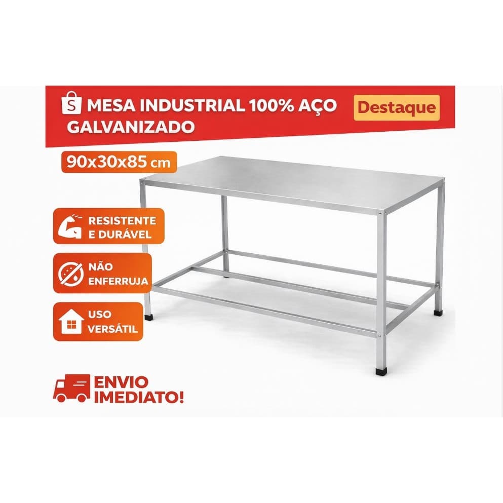 Mesa Industrial Aço Galvanizado 90cm Ultra Resistente Não Enferruja Multiuso