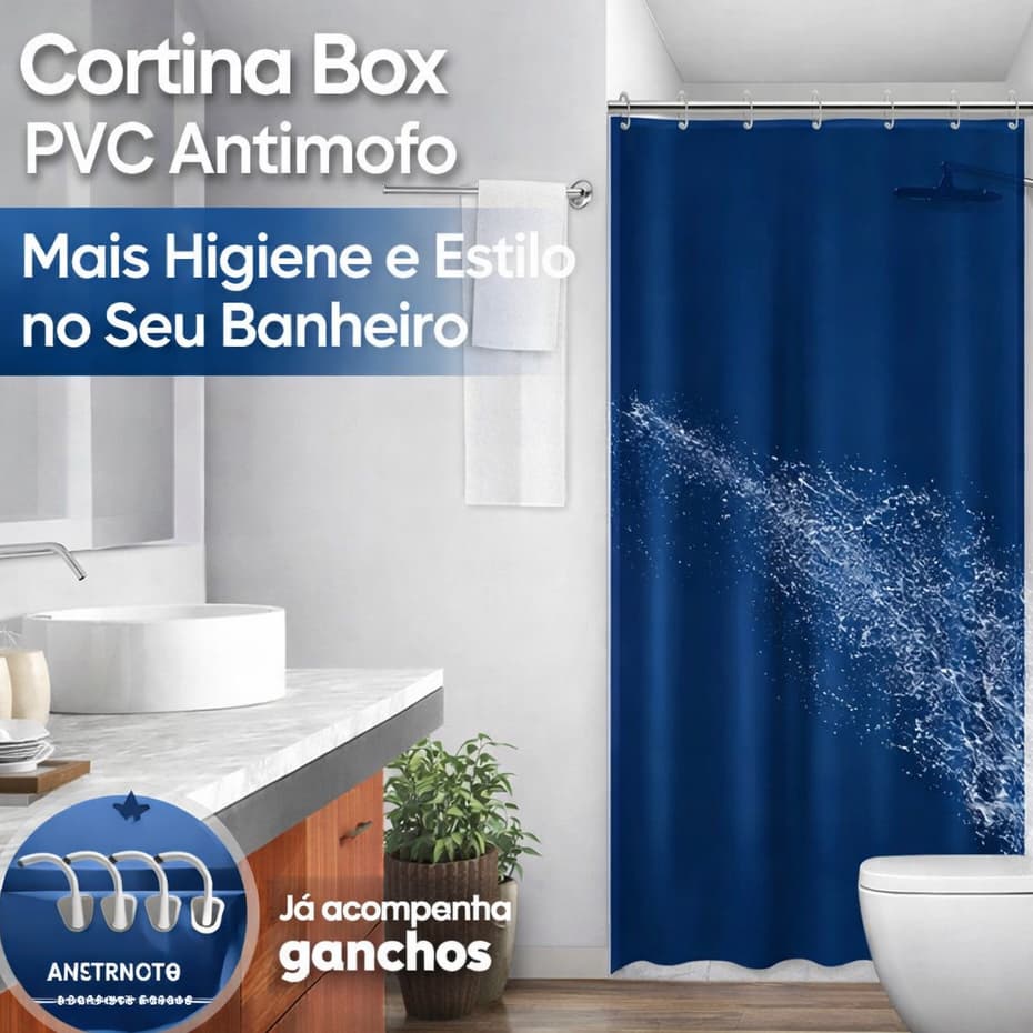 Cortina Para Box Banheiro Liso Com Gancho Tecido Impermeável Lavável Luxo Antimofo Tecido Poliéster
