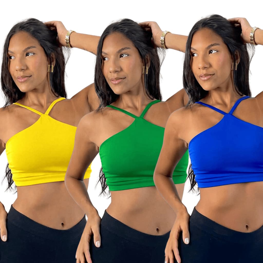 KIT 3 Top Cropped Esportivo Fitness Frente Única Brasil Feminino em Suplex Premium com Tecido Duplo