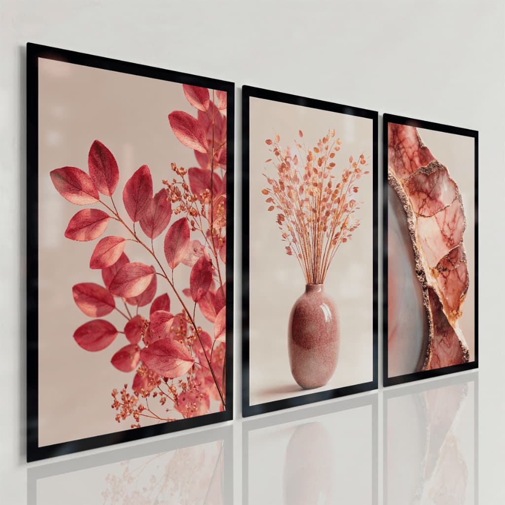 Quadros Decorativos Botânico Vermelho Luxo Folhagens Vaso Cerâmica Elegante Sala Moderna