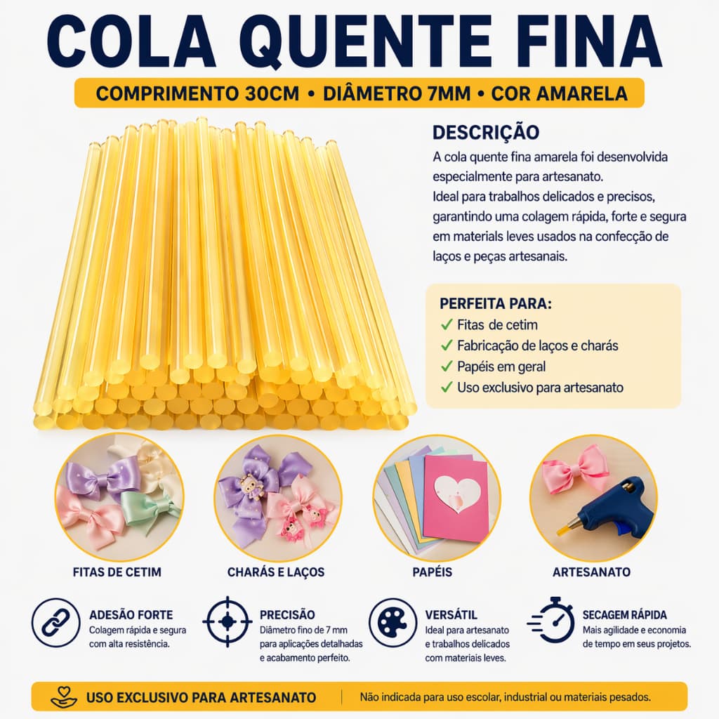 Cola Quente Fina Amarela 7mm x 30cm Bastão de Silicone para Pistola