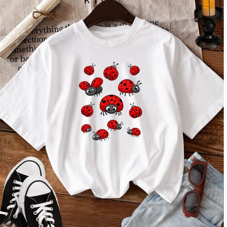 Camiseta Camisa Blusa Feminina 100%Algodão Estampa Joaninha Moderna e Fashion Estilosa Animais