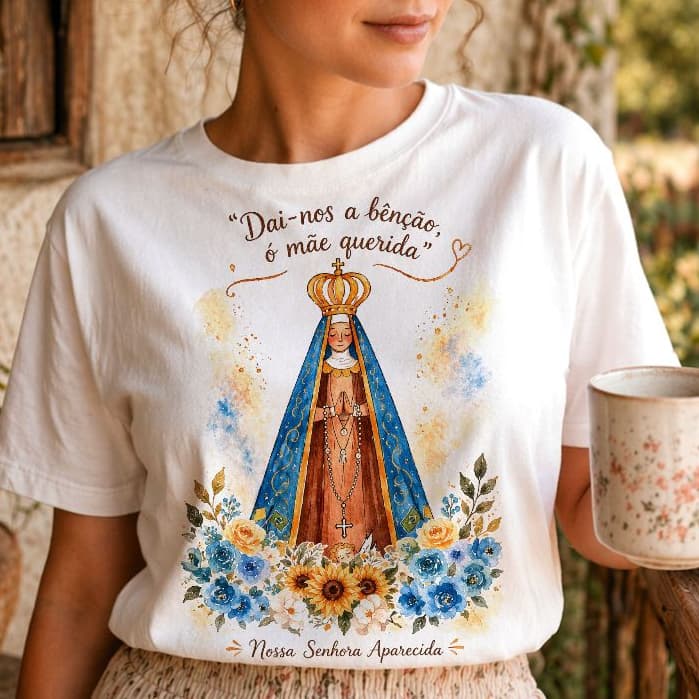 blusa camiseta NOSSA SENHORA APARECIDA FRASE E FLORES, t-shirt católica santa floral gospel religiosa plus size