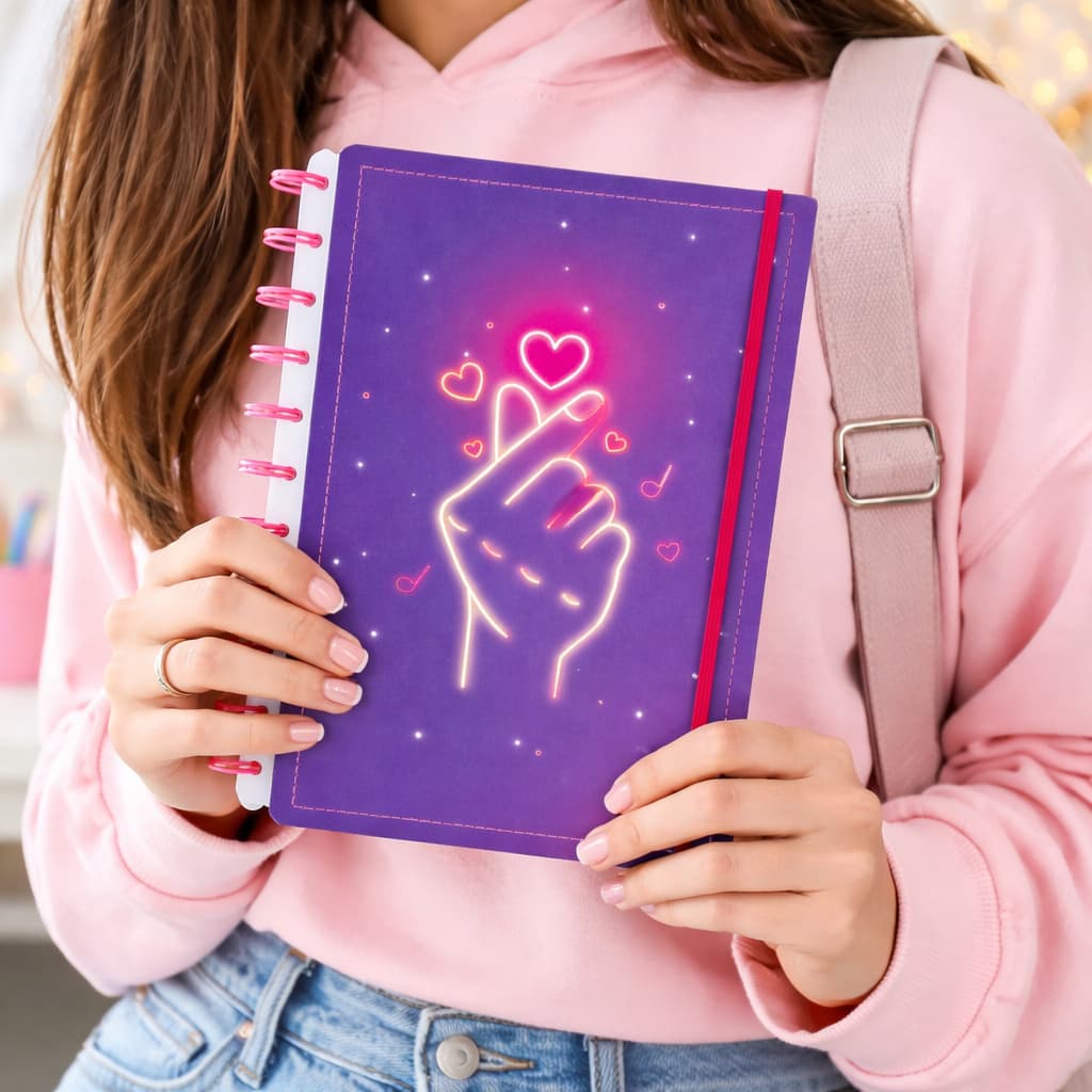 Caderno Diskô Finger Heart Tamanho G (A4) 80 Folhas Capa Dura Brilha No Escuro Roxo