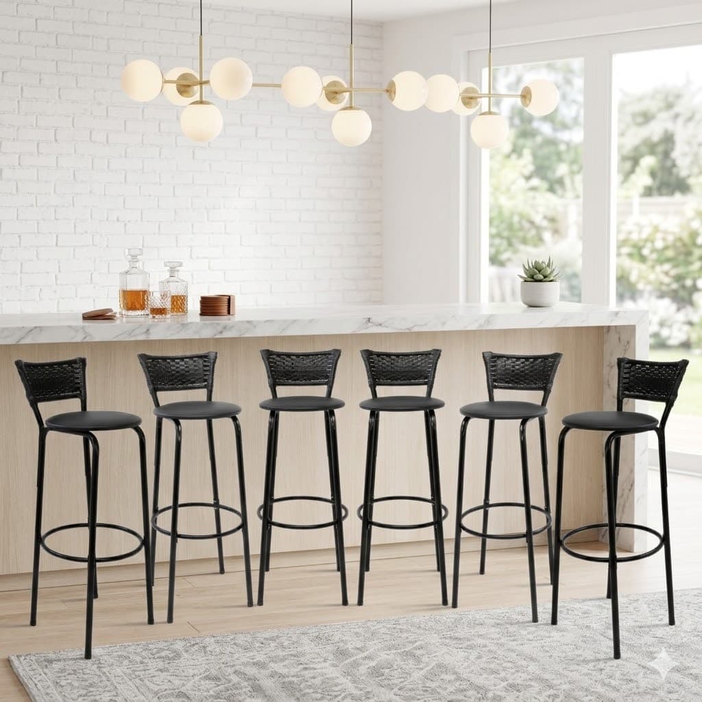 Kit 6 Banquetas Bancos 80cm Balcão Bar Bancada Área Gourmet Ilha Estrutura Preta Junco Preto Itagold