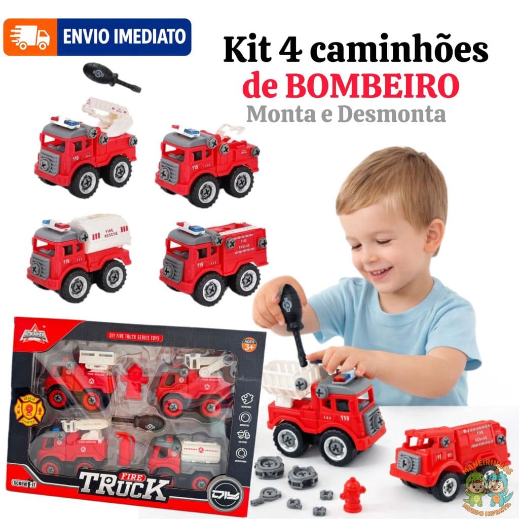 Caminhões de Bombeiros Educativo de Montar com Chave Infantil- monta e desmonta- brinquedo-carrinhos infantil bombeiro