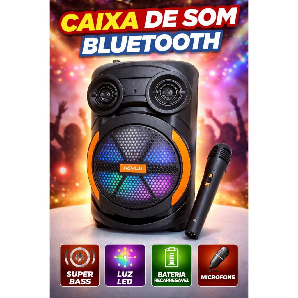 Caixa de Som Bluetooth Portátil Com Microfone Som Potente LED
