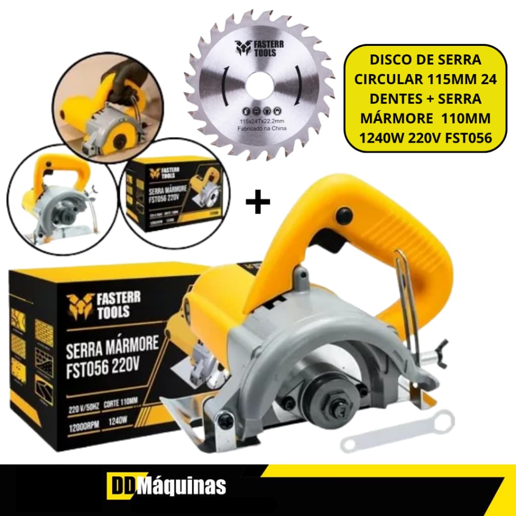 Kit Serra Mármore 4.3/8 110mm 1240W 220V + Disco de Serra Circular Madeira 115mm 24 Dentes - Fasterr