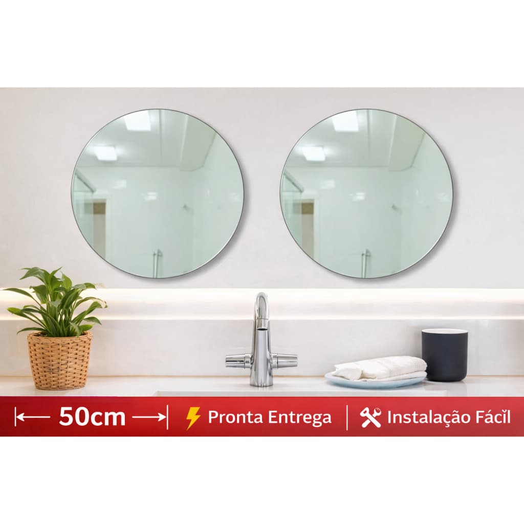 Kit 2 Espelhos Redondos 50cm Lapidados Decorativos Banheiro Sala + Instalação Fácil