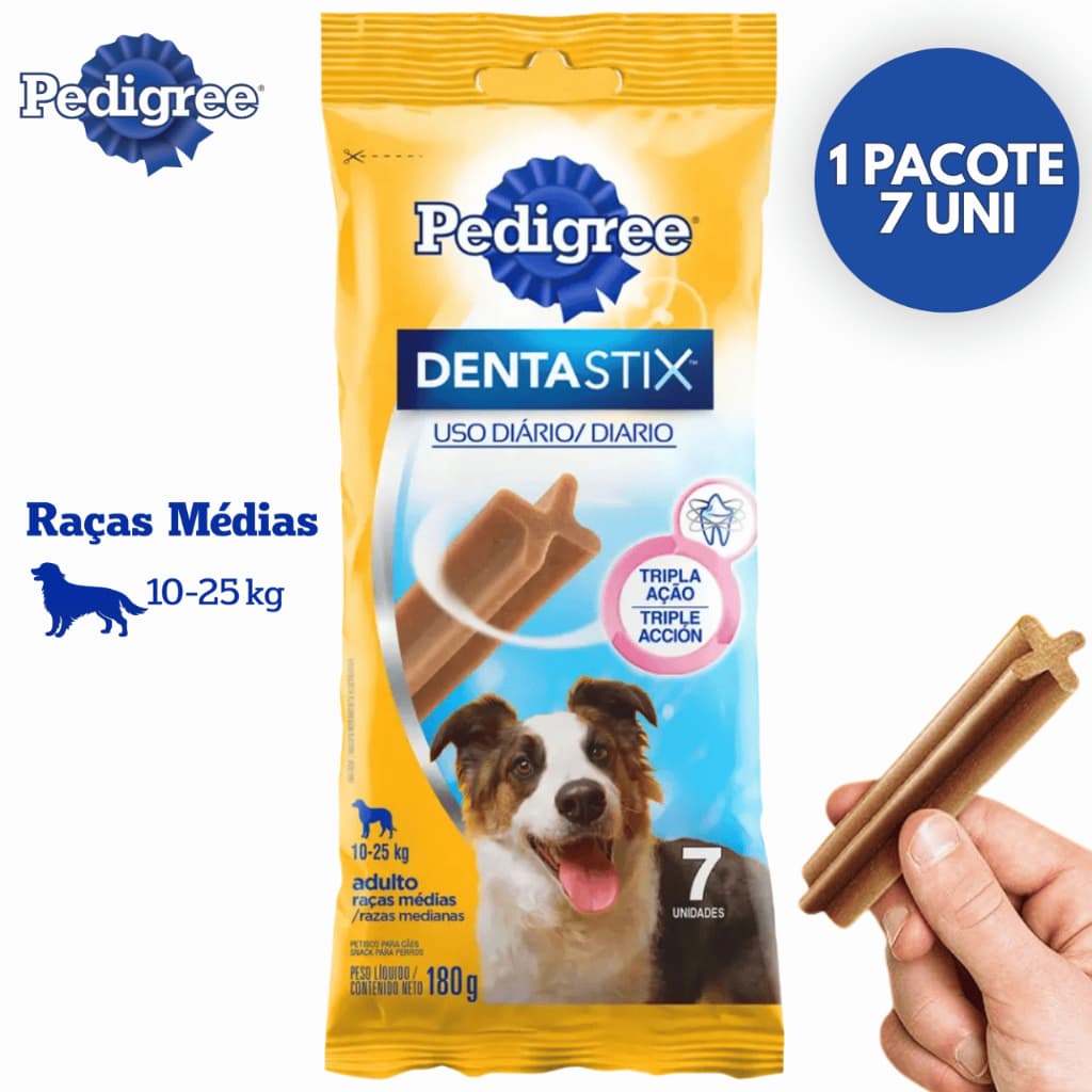Pedigree Dentastix Raças Médias 10-25Kg 180g 7 Unidades Sticks Petisco Osso Cuidado Oral para Cães