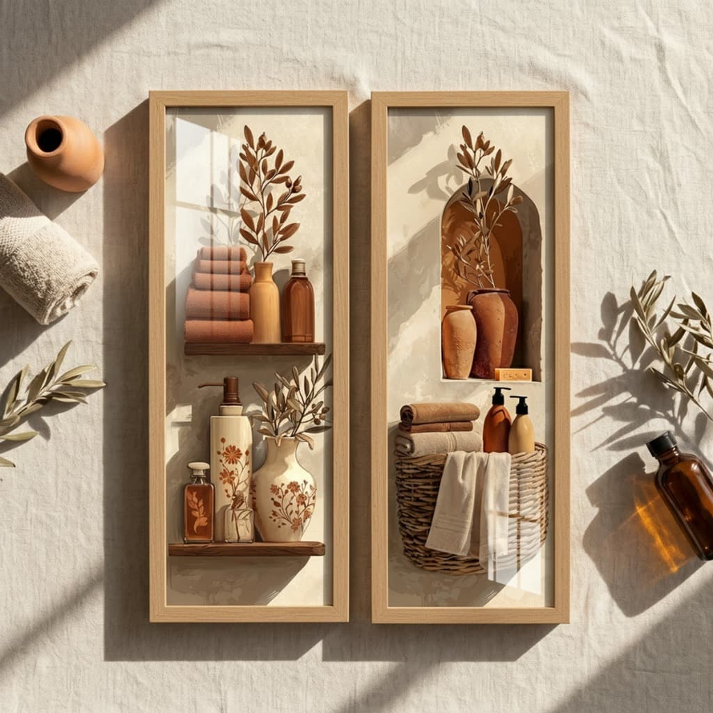 Kit 2 Quadros Decorativos Verticais 18x45 Banheiro Lavabo Boho Terracota Spa Moldura Vidro Presente